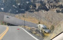 Big rig partially blocking HWY 108 after going off the roadway -- Photo taken by Carole Phipps around 9 a.m.