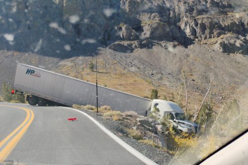 Big rig partially blocking HWY 108 after going off the roadway -- Photo taken by Carole Phipps around 9 a.m.