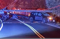 Vehicle smashed into a power pole bringing it down in the Jenny Lind area of Calaveras County—CCF photo