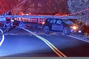 Vehicle smashed into a power pole bringing it down in the Jenny Lind area of Calaveras County—CCF photo