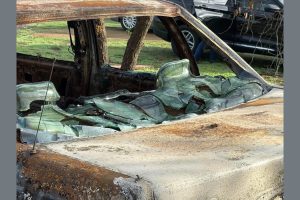 Burnt-out vehicles in the Complex Fires targeted for removal—TCPW photo