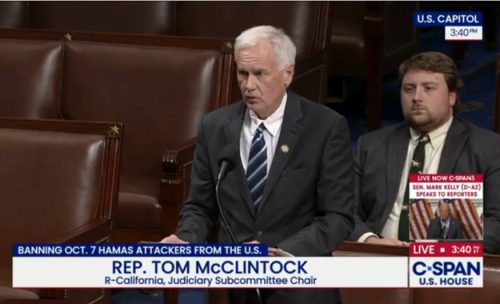 Mother Lode Congressman Tom McClintock (R) speaks on House floor regarding his bill H.R. 176 No Immigration Benefits for Hamas Terrorists Act -- Courtesy McClintock's office