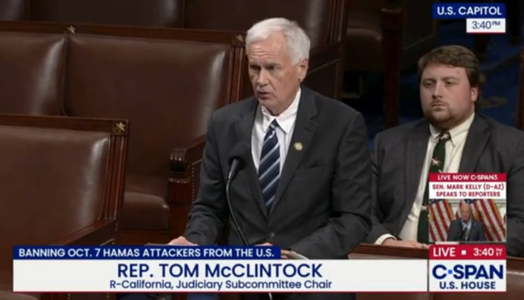 Mother Lode Congressman Tom McClintock (R) speaks on House floor regarding his bill H.R. 176 No Immigration Benefits for Hamas Terrorists Act -- Courtesy McClintock's office