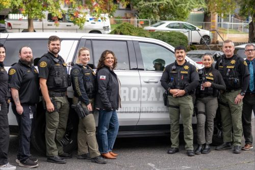 Mother Lode Senator Marie Alvarado-Gil spent the day on a ride-along with the Tuolumne County Probation Department—TCPD photo (Gil in middle with scarf; no other names were released)