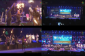 four images from the broadcast of Polyphonies for Peace a stage with fire circus artists performing