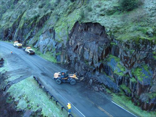 HWY 140 just west of Incline and Cedar Lodge, Caltrans photo of a rock slide that was cleaned up on 1/13/2026