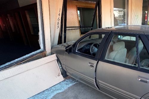 East Sonora business struck by vehicle—CHP photo