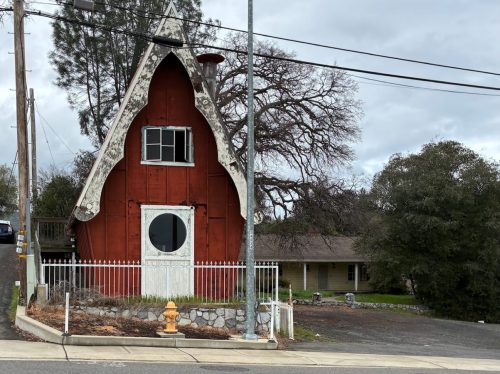 Red Bird House tall roof unique structure