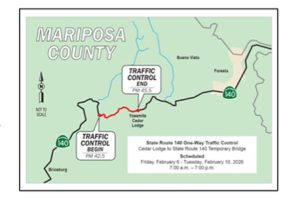 Caltrans map of the work areas on Highway 140 for rock scaling