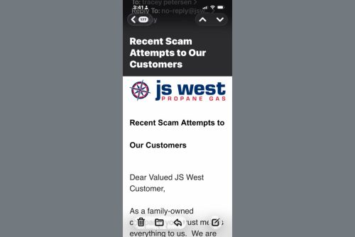 Email sent out by JS West regarding the bill pay scam—Photo Tracey Petersen