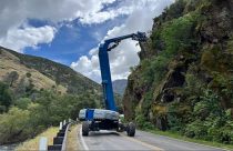 Crane working on slope repairs after rockslide on Hwy 140—Caltrans photo
