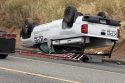 Chevy pickup overturned onto shoulder of Highway 108—Photo by Chip Waters