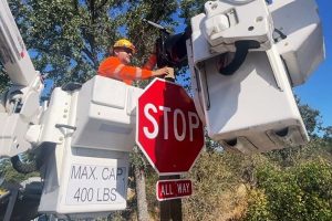 Caltrans District 10 crew installing the new all-way stop—Caltrans photo