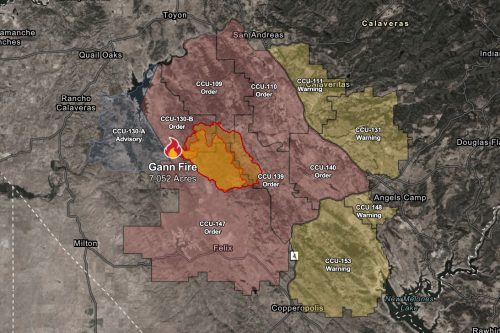 Gann Fire burning in the Valley Springs area of Calaveras County—CAL FIRE TCU map