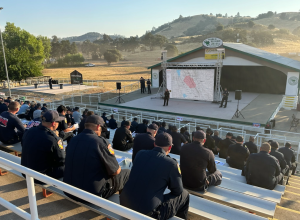 Gann Fire operations briefing at Calaveras Fairgrounds - CCSO Image