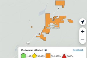 Power outage stretching from Cold Springs to past Strawberry on the Stanislaus National Forest—PG&E map