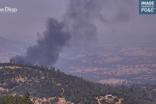 Vegetation and structure fire near Highway 4 in Angels Camp area of Calaveras County—PG&E camera