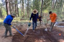 Volunteers learning sustainable trail design—STF photo
