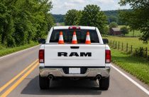 AI-generated picture of a Dodge pickup with black lettering and three orange cones released in a social media post—Courtesy ACSO