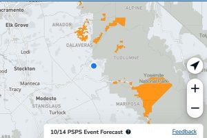 PG&E map of possible PSPS in the Mother Lode this week